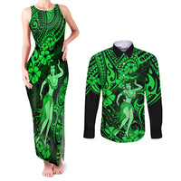 Hawaii Hula Girl Couples Matching Tank Maxi Dress and Long Sleeve Button Shirts Polynesian Pattern Green Version - Wonder Print Shop