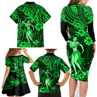 Hawaii Hula Girl Family Matching Long Sleeve Bodycon Dress and Hawaiian Shirt Polynesian Pattern Green Version - Wonder Print Shop
