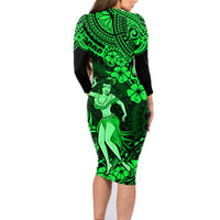 Hawaii Hula Girl Family Matching Long Sleeve Bodycon Dress and Hawaiian Shirt Polynesian Pattern Green Version - Wonder Print Shop