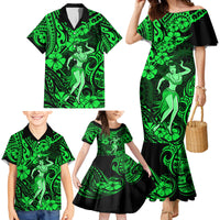 Hawaii Hula Girl Family Matching Mermaid Dress and Hawaiian Shirt Polynesian Pattern Green Version - Wonder Print Shop