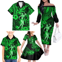 Hawaii Hula Girl Family Matching Off Shoulder Long Sleeve Dress and Hawaiian Shirt Polynesian Pattern Green Version - Wonder Print Shop