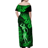 Hawaii Hula Girl Family Matching Off Shoulder Maxi Dress and Hawaiian Shirt Polynesian Pattern Green Version - Wonder Print Shop