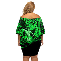 Hawaii Hula Girl Family Matching Off Shoulder Short Dress and Hawaiian Shirt Polynesian Pattern Green Version - Wonder Print Shop