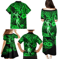 Hawaii Hula Girl Family Matching Puletasi Dress and Hawaiian Shirt Polynesian Pattern Green Version - Wonder Print Shop