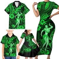 Hawaii Hula Girl Family Matching Short Sleeve Bodycon Dress and Hawaiian Shirt Polynesian Pattern Green Version - Wonder Print Shop