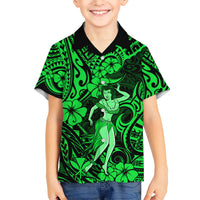 Hawaii Hula Girl Kid Hawaiian Shirt Polynesian Pattern Green Version - Wonder Print Shop