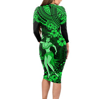 Hawaii Hula Girl Long Sleeve Bodycon Dress Polynesian Pattern Green Version - Wonder Print Shop