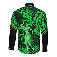 Hawaii Hula Girl Long Sleeve Button Shirt Polynesian Pattern Green Version - Wonder Print Shop