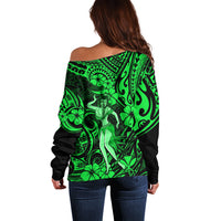 Hawaii Hula Girl Off Shoulder Sweater Polynesian Pattern Green Version - Wonder Print Shop