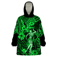 Hawaii Hula Girl Wearable Blanket Hoodie Polynesian Pattern Green Version - Wonder Print Shop