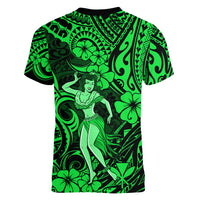 Hawaii Hula Girl Women V Neck T Shirt Polynesian Pattern Green Version - Wonder Print Shop