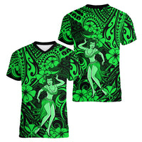 Hawaii Hula Girl Women V Neck T Shirt Polynesian Pattern Green Version - Wonder Print Shop