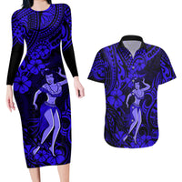 Hawaii Hula Girl Couples Matching Long Sleeve Bodycon Dress and Hawaiian Shirt Polynesian Pattern Navy Blue Version - Wonder Print Shop