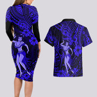 Hawaii Hula Girl Couples Matching Long Sleeve Bodycon Dress and Hawaiian Shirt Polynesian Pattern Navy Blue Version - Wonder Print Shop