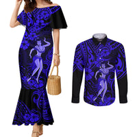hawaii-hula-girl-couples-matching-mermaid-dress-and-long-sleeve-button-shirts-polynesian-pattern-navy-blue-version