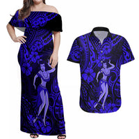 Hawaii Hula Girl Couples Matching Off Shoulder Maxi Dress and Hawaiian Shirt Polynesian Pattern Navy Blue Version - Wonder Print Shop
