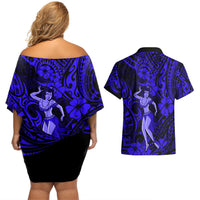 Hawaii Hula Girl Couples Matching Off Shoulder Short Dress and Hawaiian Shirt Polynesian Pattern Navy Blue Version - Wonder Print Shop