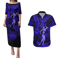 Hawaii Hula Girl Couples Matching Puletasi Dress and Hawaiian Shirt Polynesian Pattern Navy Blue Version - Wonder Print Shop