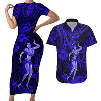 Hawaii Hula Girl Couples Matching Short Sleeve Bodycon Dress and Hawaiian Shirt Polynesian Pattern Navy Blue Version - Wonder Print Shop