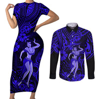 Hawaii Hula Girl Couples Matching Short Sleeve Bodycon Dress and Long Sleeve Button Shirts Polynesian Pattern Navy Blue Version - Wonder Print Shop