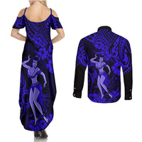 Hawaii Hula Girl Couples Matching Summer Maxi Dress and Long Sleeve Button Shirts Polynesian Pattern Navy Blue Version - Wonder Print Shop