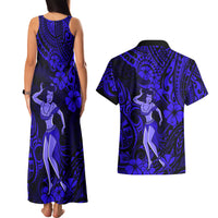 Hawaii Hula Girl Couples Matching Tank Maxi Dress and Hawaiian Shirt Polynesian Pattern Navy Blue Version - Wonder Print Shop