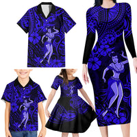 Hawaii Hula Girl Family Matching Long Sleeve Bodycon Dress and Hawaiian Shirt Polynesian Pattern Navy Blue Version - Wonder Print Shop