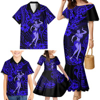 Hawaii Hula Girl Family Matching Mermaid Dress and Hawaiian Shirt Polynesian Pattern Navy Blue Version - Wonder Print Shop