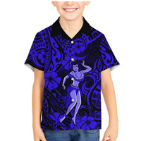 Hawaii Hula Girl Family Matching Mermaid Dress and Hawaiian Shirt Polynesian Pattern Navy Blue Version - Wonder Print Shop
