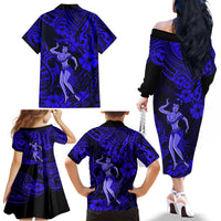 Hawaii Hula Girl Family Matching Off Shoulder Long Sleeve Dress and Hawaiian Shirt Polynesian Pattern Navy Blue Version - Wonder Print Shop