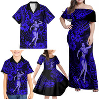 Hawaii Hula Girl Family Matching Off Shoulder Maxi Dress and Hawaiian Shirt Polynesian Pattern Navy Blue Version - Wonder Print Shop