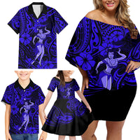 Hawaii Hula Girl Family Matching Off Shoulder Short Dress and Hawaiian Shirt Polynesian Pattern Navy Blue Version - Wonder Print Shop