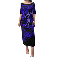 Hawaii Hula Girl Family Matching Puletasi Dress and Hawaiian Shirt Polynesian Pattern Navy Blue Version - Wonder Print Shop