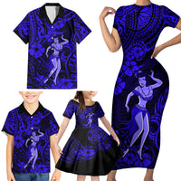 Hawaii Hula Girl Family Matching Short Sleeve Bodycon Dress and Hawaiian Shirt Polynesian Pattern Navy Blue Version - Wonder Print Shop