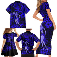 Hawaii Hula Girl Family Matching Short Sleeve Bodycon Dress and Hawaiian Shirt Polynesian Pattern Navy Blue Version - Wonder Print Shop