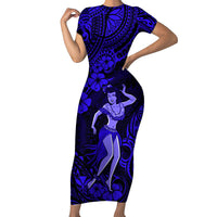 Hawaii Hula Girl Family Matching Short Sleeve Bodycon Dress and Hawaiian Shirt Polynesian Pattern Navy Blue Version - Wonder Print Shop