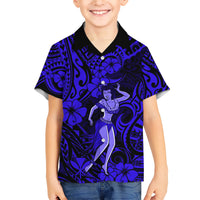 Hawaii Hula Girl Family Matching Short Sleeve Bodycon Dress and Hawaiian Shirt Polynesian Pattern Navy Blue Version - Wonder Print Shop
