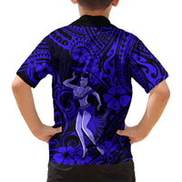 Hawaii Hula Girl Kid Hawaiian Shirt Polynesian Pattern Navy Blue Version - Wonder Print Shop