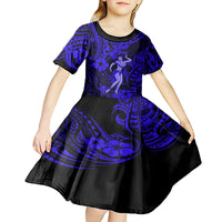 Hawaii Hula Girl Kid Short Sleeve Dress Polynesian Pattern Navy Blue Version - Wonder Print Shop