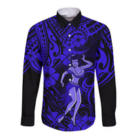 Hawaii Hula Girl Long Sleeve Button Shirt Polynesian Pattern Navy Blue Version - Wonder Print Shop