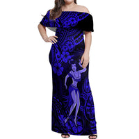 Hawaii Hula Girl Off Shoulder Maxi Dress Polynesian Pattern Navy Blue Version - Wonder Print Shop