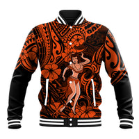 Hawaii Hula Girl Baseball Jacket Polynesian Pattern Orange Version - Wonder Print Shop