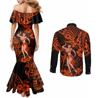 hawaii-hula-girl-couples-matching-mermaid-dress-and-long-sleeve-button-shirts-polynesian-pattern-orange-version