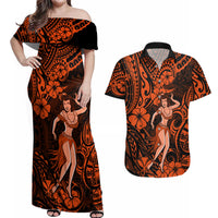 Hawaii Hula Girl Couples Matching Off Shoulder Maxi Dress and Hawaiian Shirt Polynesian Pattern Orange Version - Wonder Print Shop