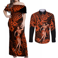 Hawaii Hula Girl Couples Matching Off Shoulder Maxi Dress and Long Sleeve Button Shirts Polynesian Pattern Orange Version - Wonder Print Shop