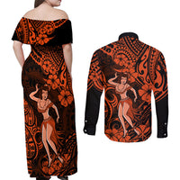 Hawaii Hula Girl Couples Matching Off Shoulder Maxi Dress and Long Sleeve Button Shirts Polynesian Pattern Orange Version - Wonder Print Shop