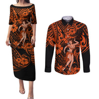 Hawaii Hula Girl Couples Matching Puletasi Dress and Long Sleeve Button Shirts Polynesian Pattern Orange Version - Wonder Print Shop