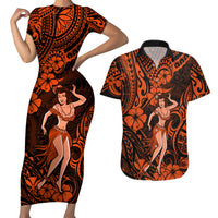 Hawaii Hula Girl Couples Matching Short Sleeve Bodycon Dress and Hawaiian Shirt Polynesian Pattern Orange Version - Wonder Print Shop