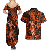 Hawaii Hula Girl Couples Matching Summer Maxi Dress and Hawaiian Shirt Polynesian Pattern Orange Version - Wonder Print Shop
