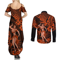 Hawaii Hula Girl Couples Matching Summer Maxi Dress and Long Sleeve Button Shirts Polynesian Pattern Orange Version - Wonder Print Shop